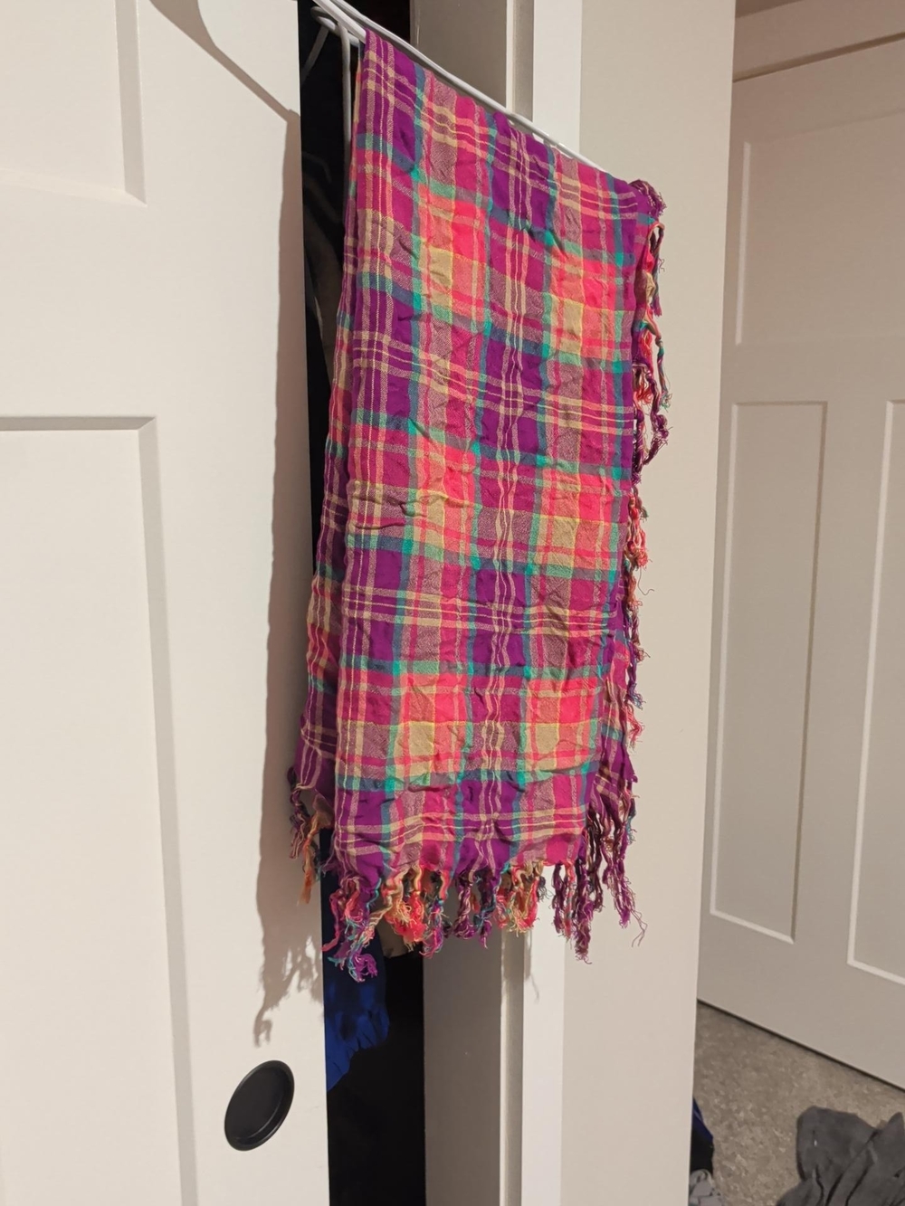 Colorful Plaid Square Scarf 30” x 30” Fringed Pink Purple Teal